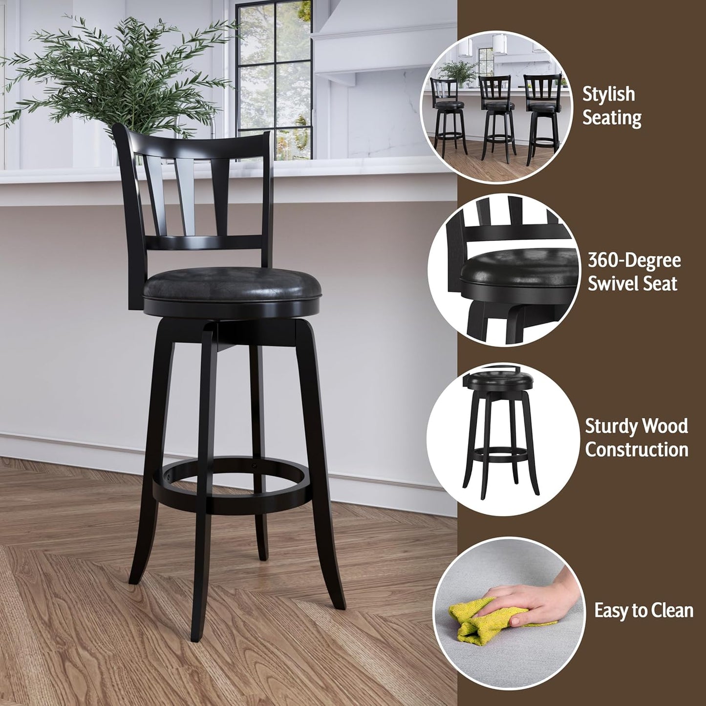 Hillsdale Presque Isle Wood Swivel Stool with Faux Leather Seat, Bar Height, Black