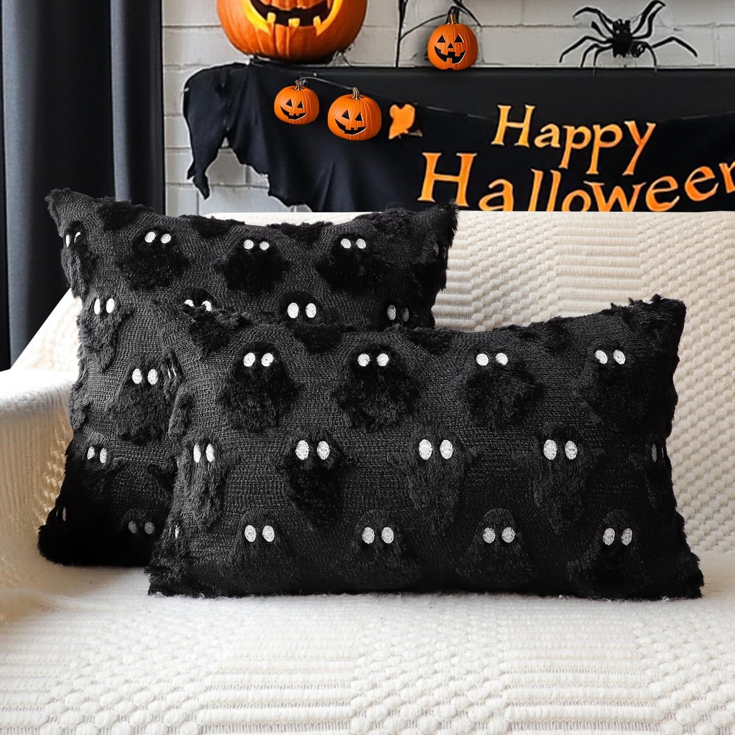 4TH Emotion Halloween Ghost Decorative Pillow Covers 18x18 Set of 2, Black Soft Plush Faux Fur Farmhouse Throw Cushion Cases for Fall Autumn Holiday Home Decorations