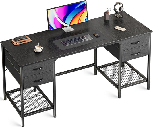 Huuger 55 Inch Computer Desk with 4 Drawers and Mesh Shelf, Gaming and Work Desk for Home Office, Study, Bedroom, Work from Home