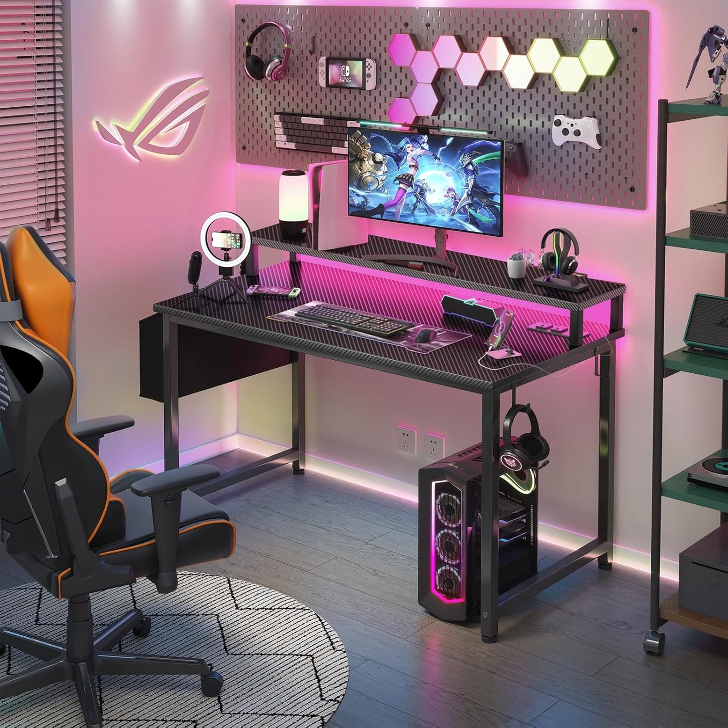 Lufeiya Gaming Desk with Power Outlets and LED Lights, 40 Inch Gamer Desk Table with Charging Station, Home Office Computer Desks with Monitor, Black