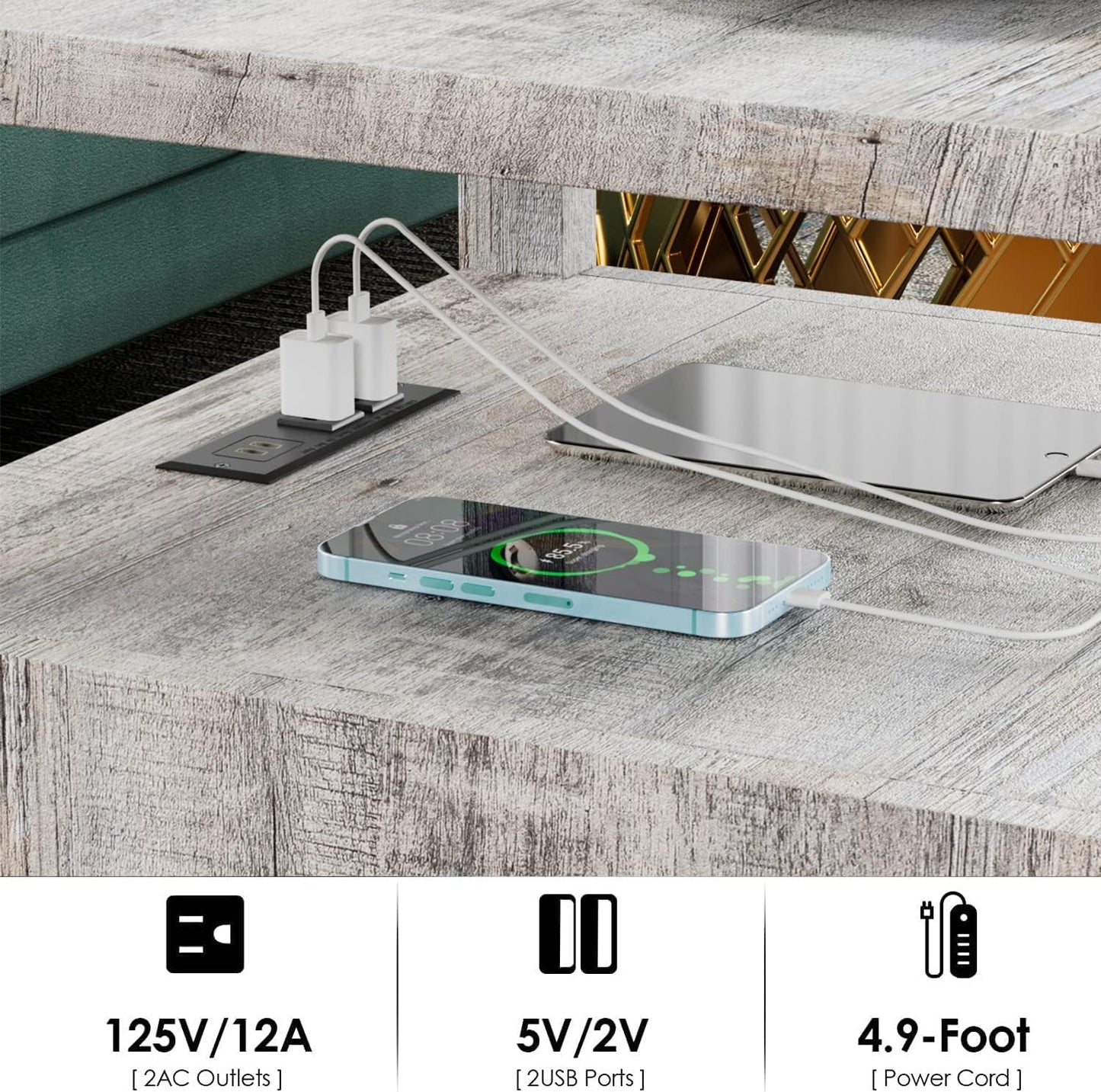 Farmhouse Nightstand with Charging Station, Grayish White End Table Bedroom with Storage Living Room Side Table Beige Night Stand Industrial Bedside Bed Table with USB Ports and Outlets