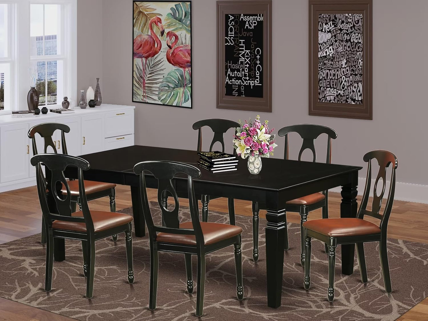 East West Furniture LGKE7-BLK-LC 7 Piece Modern Dining Table Set Consist of a Rectangle Wooden Table with Butterfly Leaf and 6 Faux Leather Dining Room Chairs, 42x84 Inch, Black