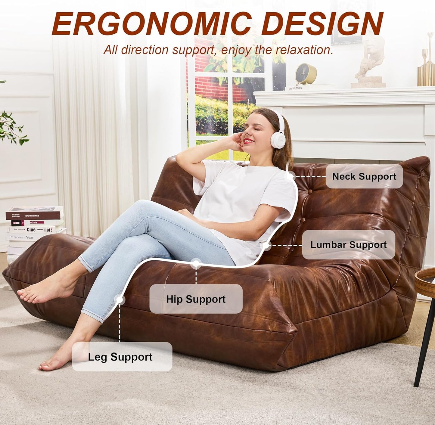 Hobestluk Bean Bag Chair Giant Bean Bag Sofa 2 Seater Bean Bag Chairs for Adults, Loveseat Floor Chair, Leather Bean Bag Chairs for Living Room Bedroom Dorm (Brown, Loveseat)