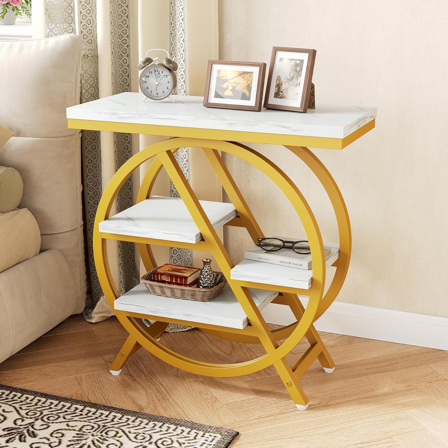 LITTLE TREE End Table, 4-Tier Narrow Faux Marble Side Table with Large Storage Space, Modern Nightstand and Bedside Table for Living Room, Home Office, Bedroom, White and Gold