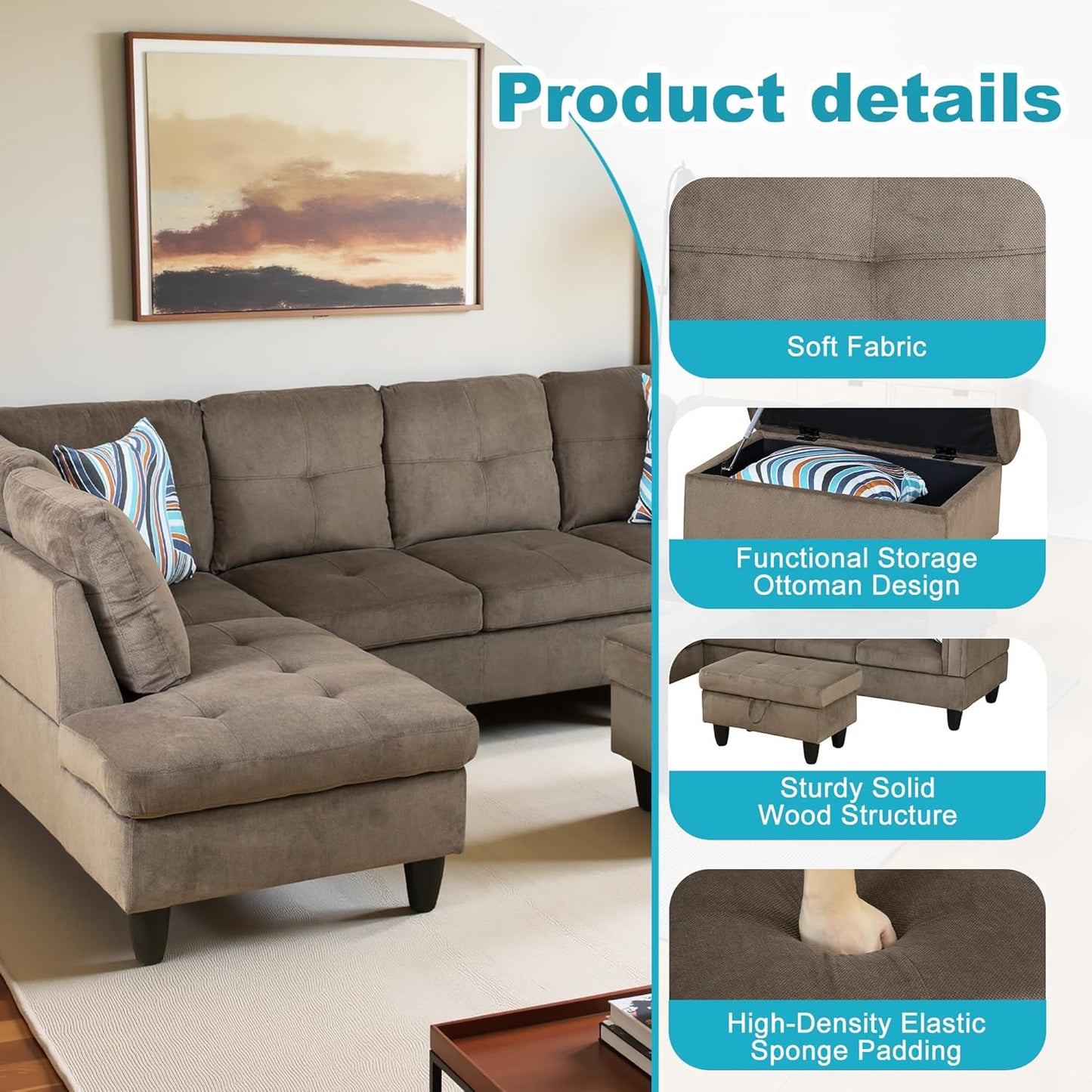 L Shaped Couch Modern Sectional Couch Upholstered Velvet Fabric 3 Pieces Sofas for Living Room with Chaise, Storage Ottoman for Office and Small Apartment, Brown Pineapple