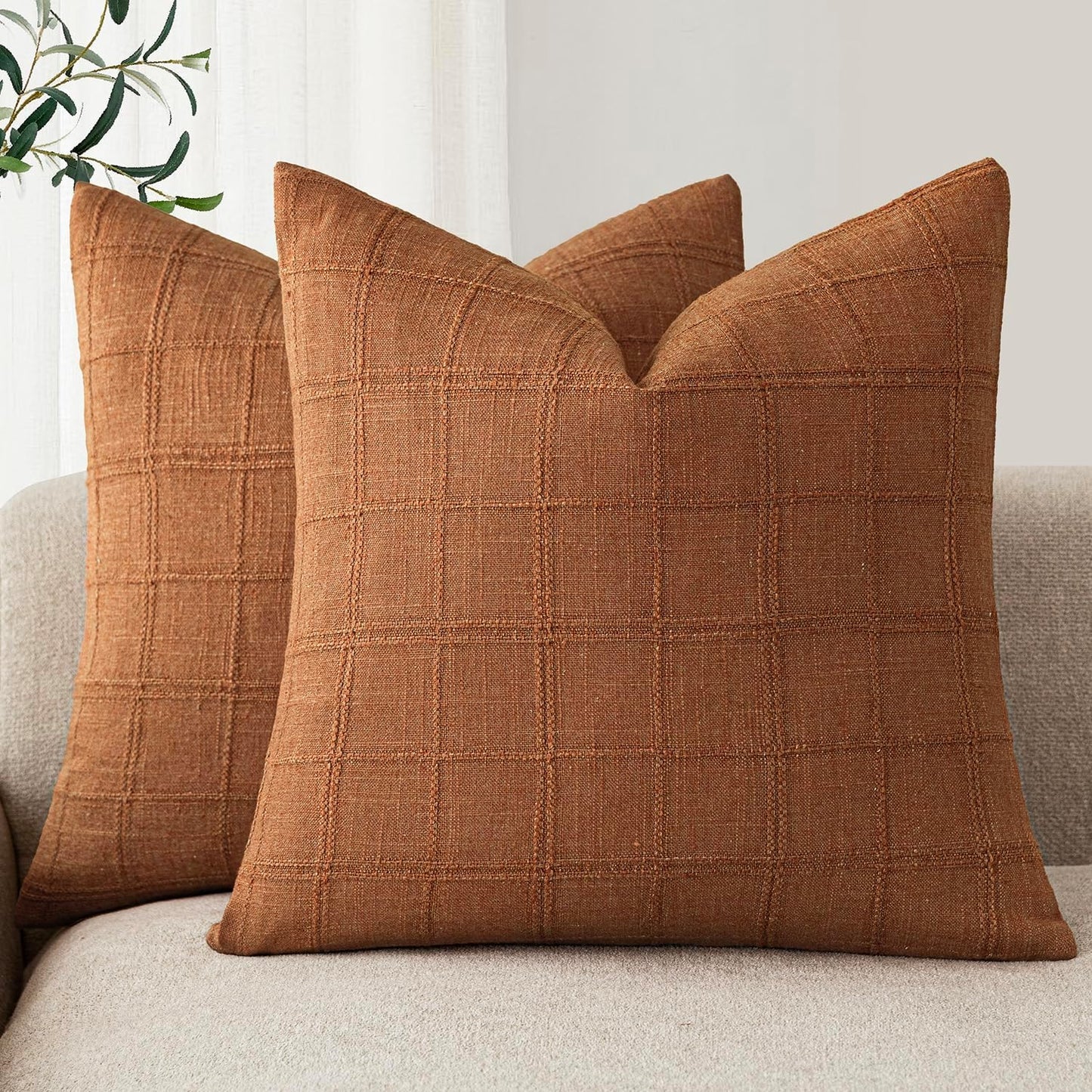 Foindtower Set of 2 Decorative Linen Check Throw Pillow Covers Neutral Farmhouse Vintage Cushion Covers Modern Boho Home Decor for Sofa Chair Couch Bedroom Living Room Outdoor,26×26 Inch,Orange