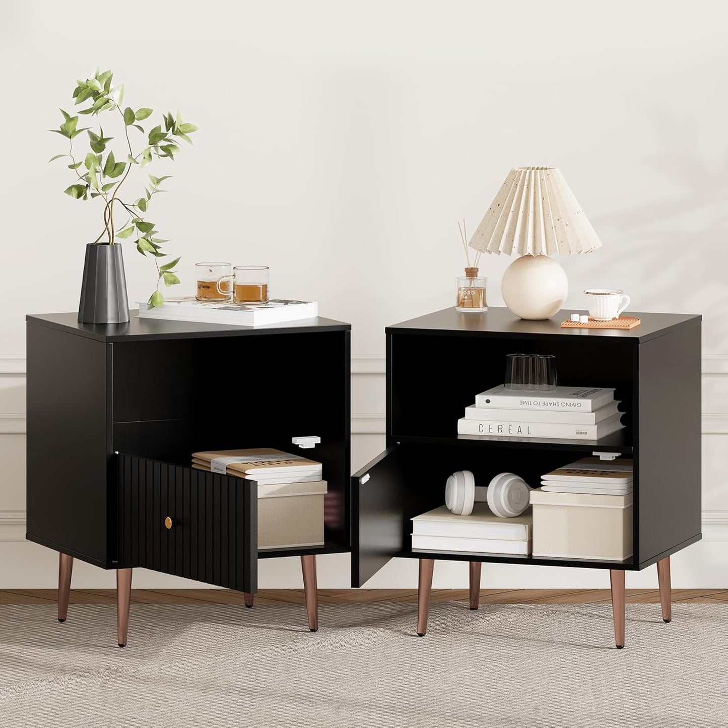 Black Night Stand Set 2,Modern Bedside Table with Door and Open Storage,Fluted Nightstand and Wood End Side Table with Rose Gold Metal Legs and Handles for Bedroom,Living Room,Black