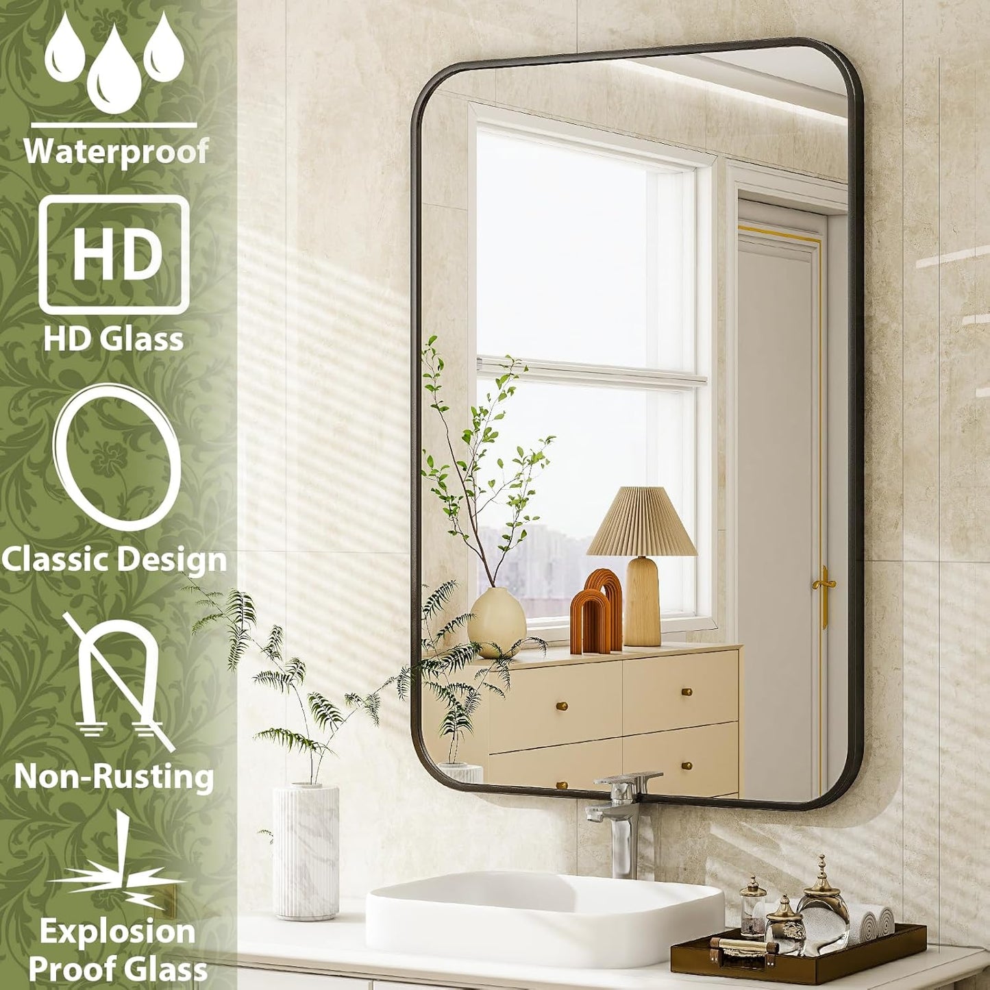 20 x 28 Inch Bathroom Mirror, Rounded Rectangular Vanity Mirror for Wall, Modern Mirror for Room Decor, Black Framed Wall-Mounted Mirrors for Home Decor, Hangs Horizontally or Vertically