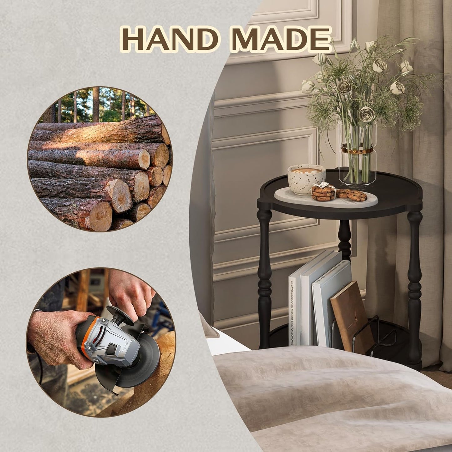 Accent Wood End Table, 2-Tier Round Bedside Table, Natural Side Table Nightstand for Family, Bedroom, Living Room, Handcrafted Finish, Black