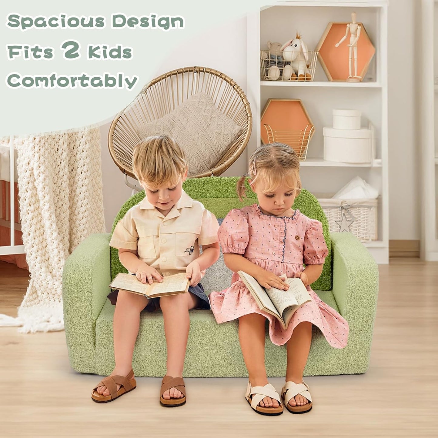 Extra Wide Kids Couch, 2-in-1 Soft Toddler Couch with Blanket, Comfy Toddler Chair, Convertible Sofa to Lounger with Cute Colorful Rainbow Design, Green