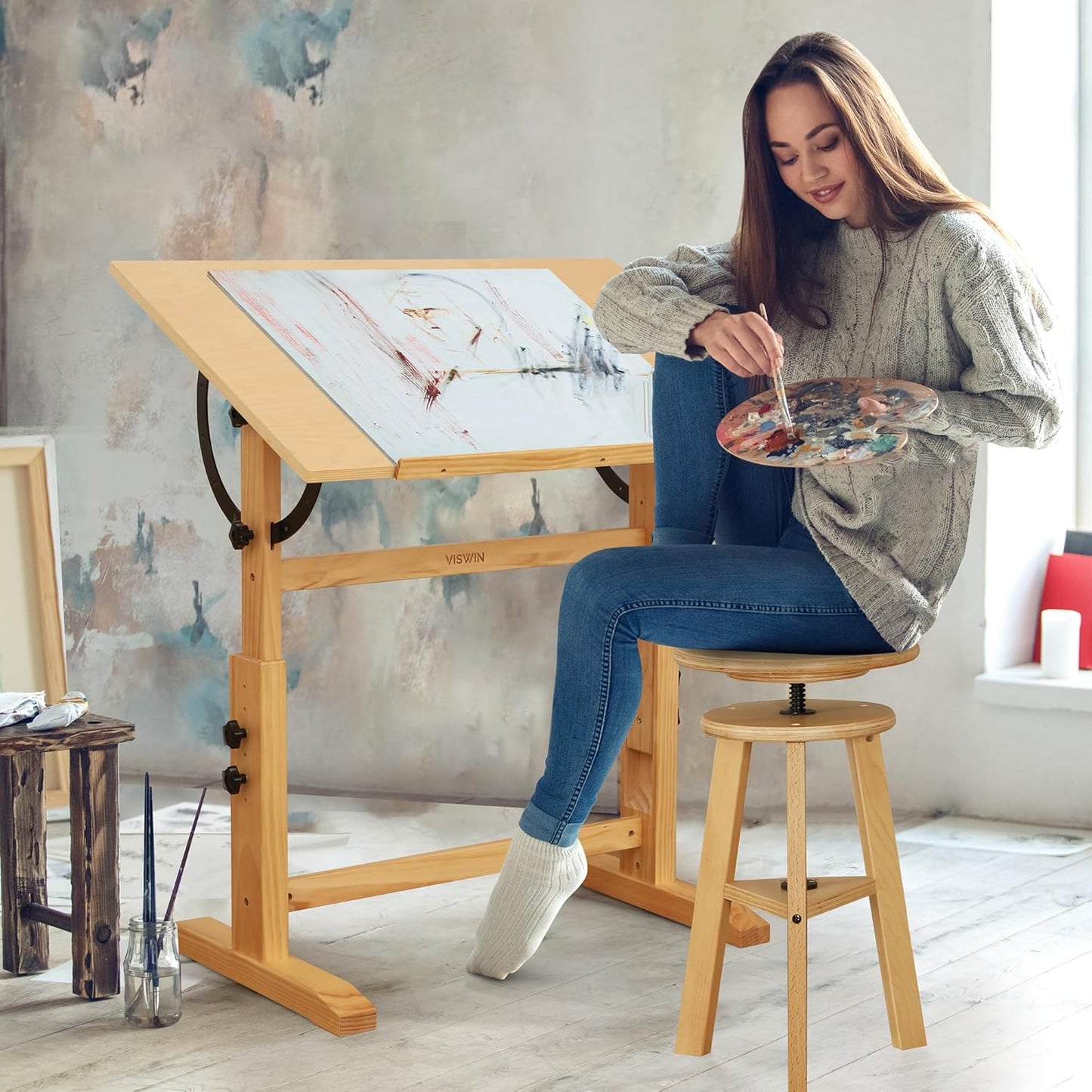 VISWIN Wood Drafting Table for Adults, 24'' x 35" Drawing Table with Adjustable Height & Angle for Art Studio, Solid Pine Wood Artist Desk for Drawing, Drafting, Writing, Reading, Sketching