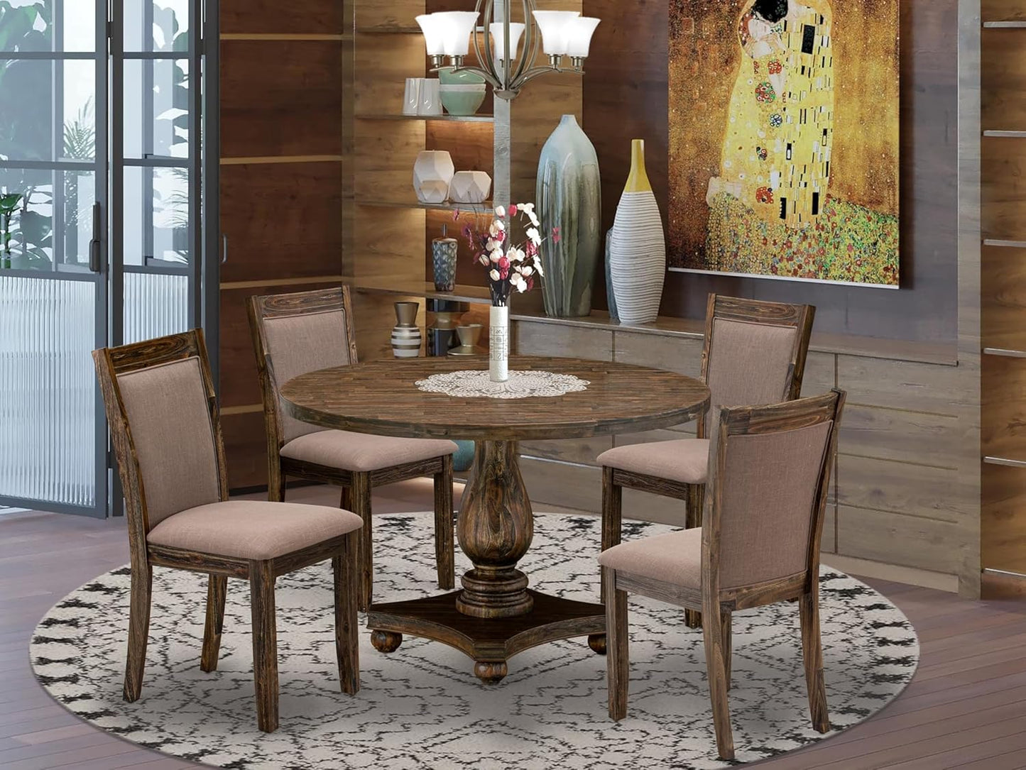 East West Furniture I2MZ5-748 5 Piece Kitchen Table Set for 4 Includes a Round Dining Room Table with Pedestal and 4 Coffee Linen Fabric Parsons Dining Chairs, 48x48 Inch, Distressed Jacobean