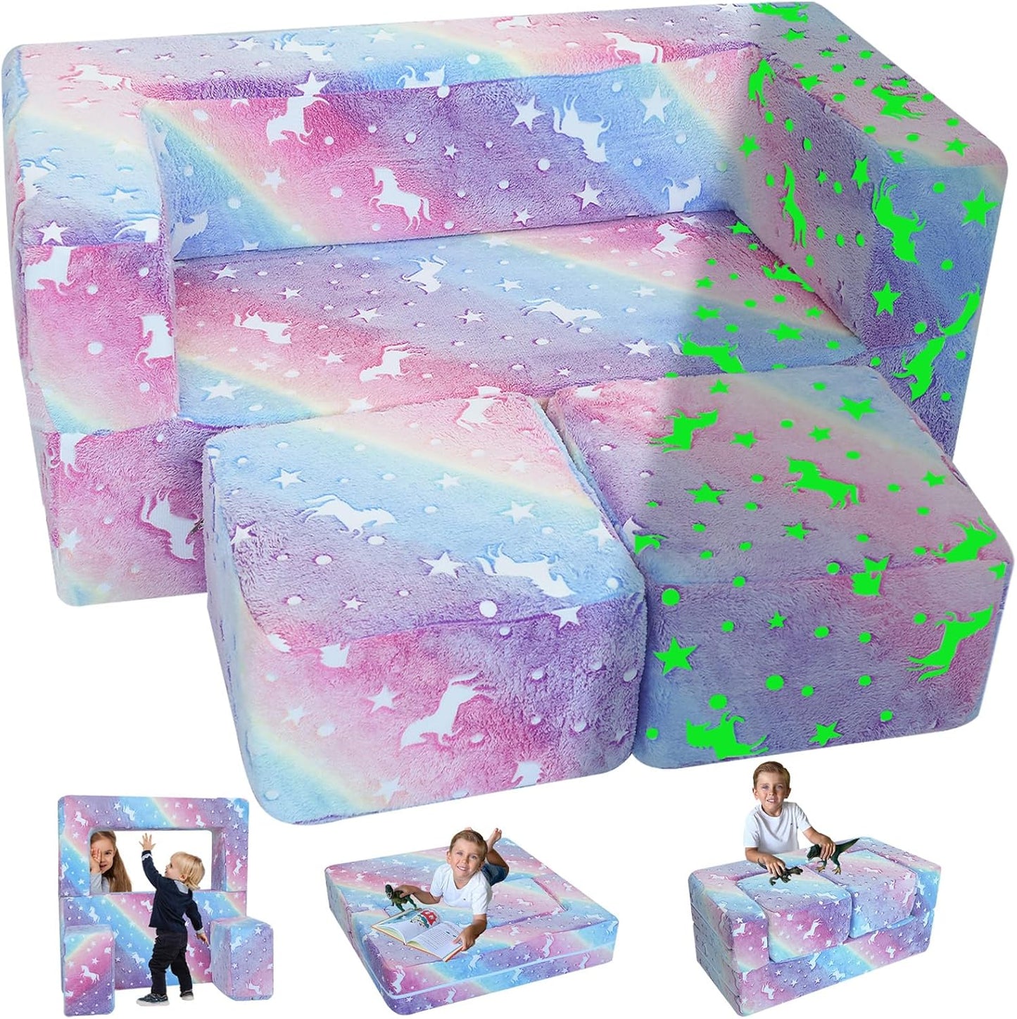 MeMoreCool Glow in The Dark Kids Couch, Rainbow Fold Out Toddler Sofa, Modular Play Couch for Bedroom and Playroom, Baby Sofa Kids Furniture