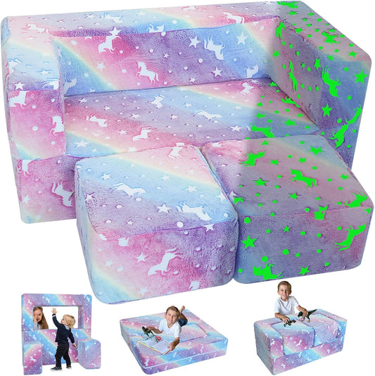 MeMoreCool Glow in The Dark Kids Couch, Rainbow Fold Out Toddler Sofa, Modular Play Couch for Bedroom and Playroom, Baby Sofa Kids Furniture