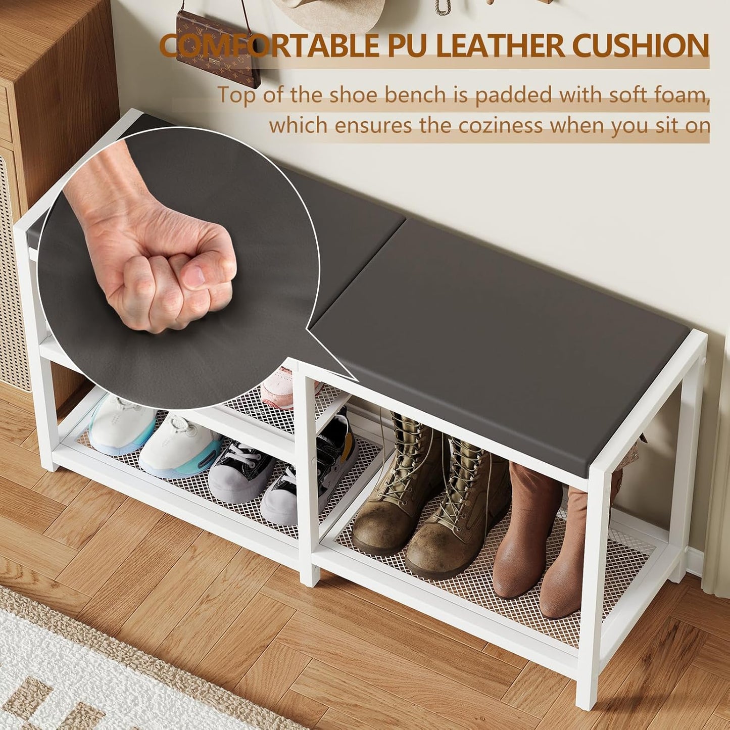 ZHOOGE Shoe Bench & Rack Storage Bench with Seat Cushion, Stable Entryway Bench Holds Up to 300 lb, (35" L x 12" W x 17" H, White)