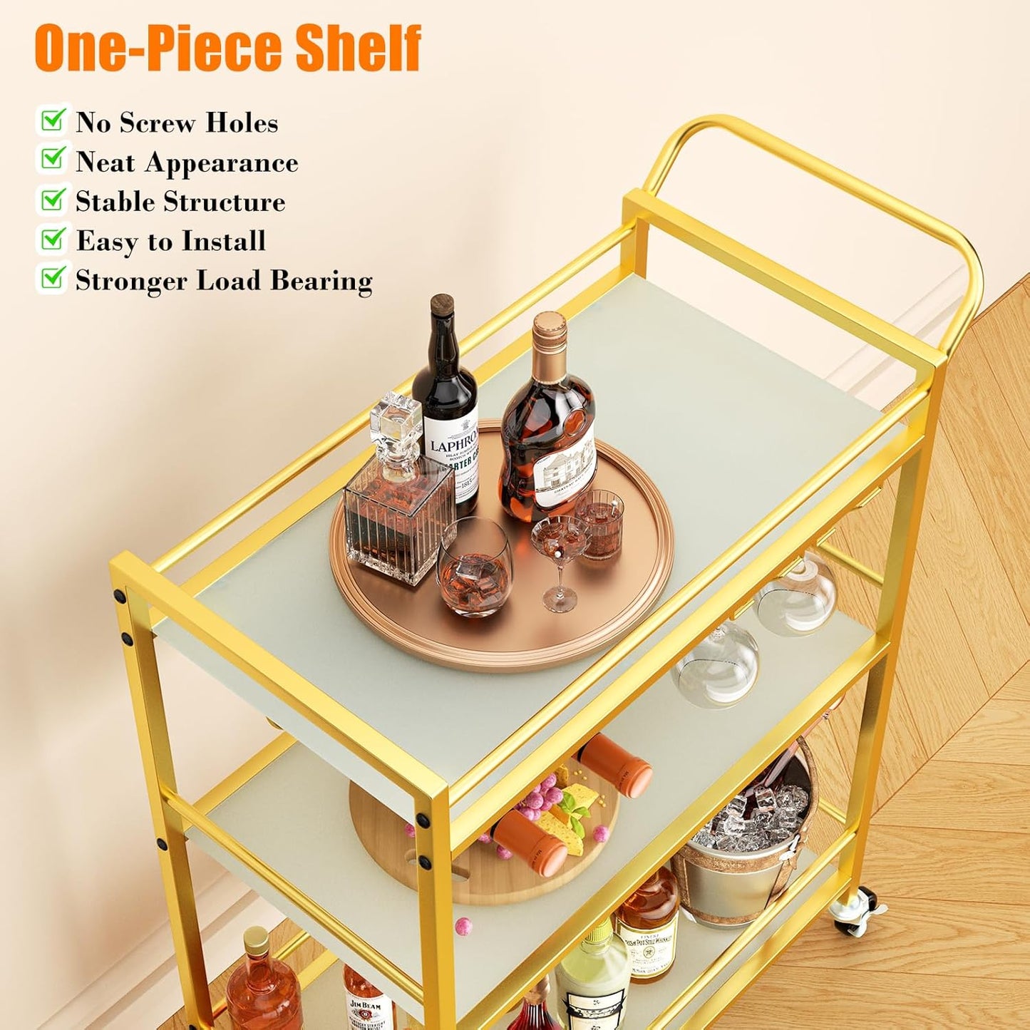 Gold Bar Cart, Serving Cart for Home, Rolling Beverage Cart with Wheels, Wine Cart, 3-Tier Drink Carts with Wine Rack, Glass Holder, Stylish Glass Shelf, for Kitchen, Living Room