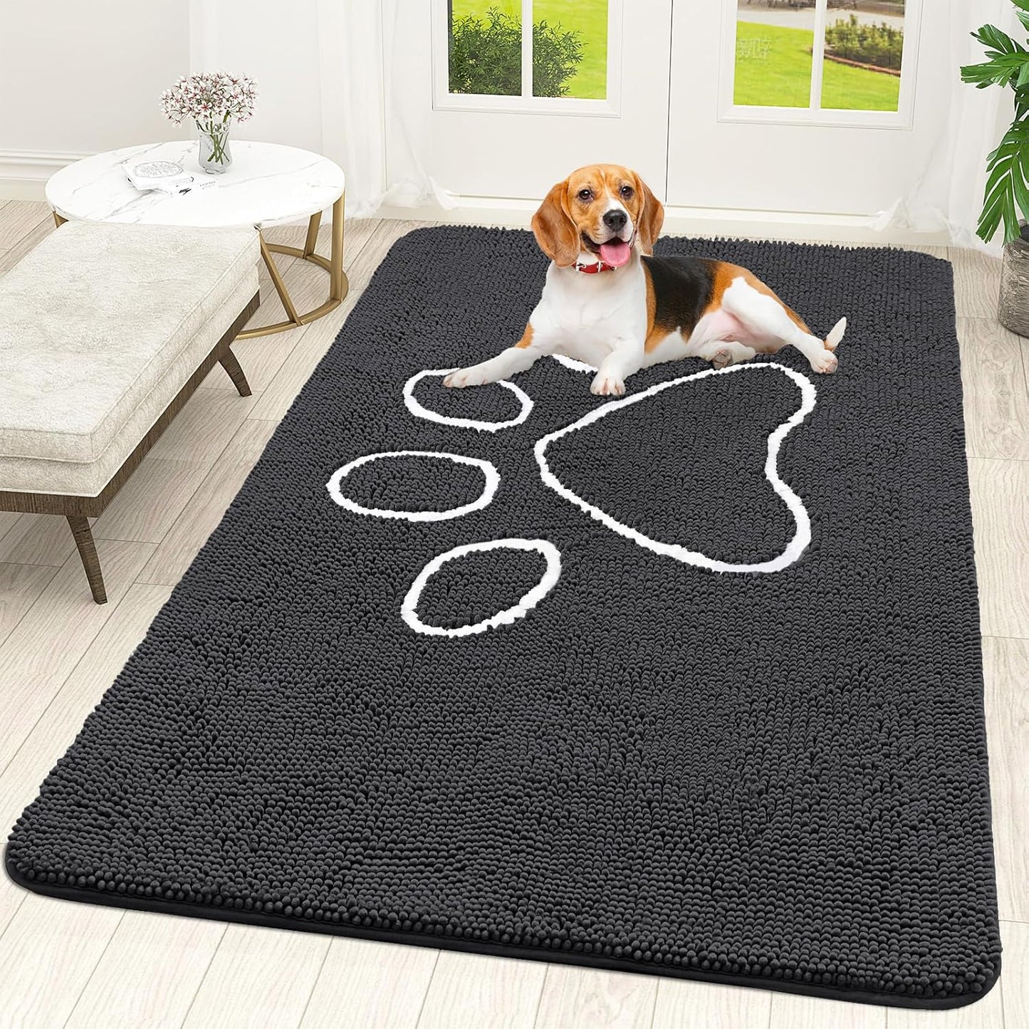 OLANLY Door Mat for Muddy Dog Paws 70x46, Ultra Absorbent Chenille Mud Doormat with Paw Print Design, Non-Slip Washable Doormat for Indoor Entryway, Quick-Dry Pet Bed Mats for Dirty Dogs, Dark Grey