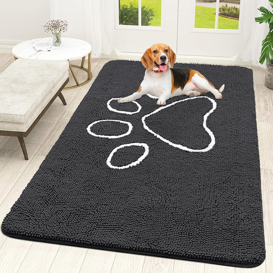 OLANLY Door Mat for Muddy Dog Paws 70x46, Ultra Absorbent Chenille Mud Doormat with Paw Print Design, Non-Slip Washable Doormat for Indoor Entryway, Quick-Dry Pet Bed Mats for Dirty Dogs, Dark Grey