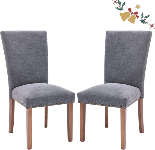 Parsons Dining Chairs Set of 2, Upholstered Nailhead Dining Room Kitchen Side Chair with Thick Cushions and Wood Legs, Dark Grey