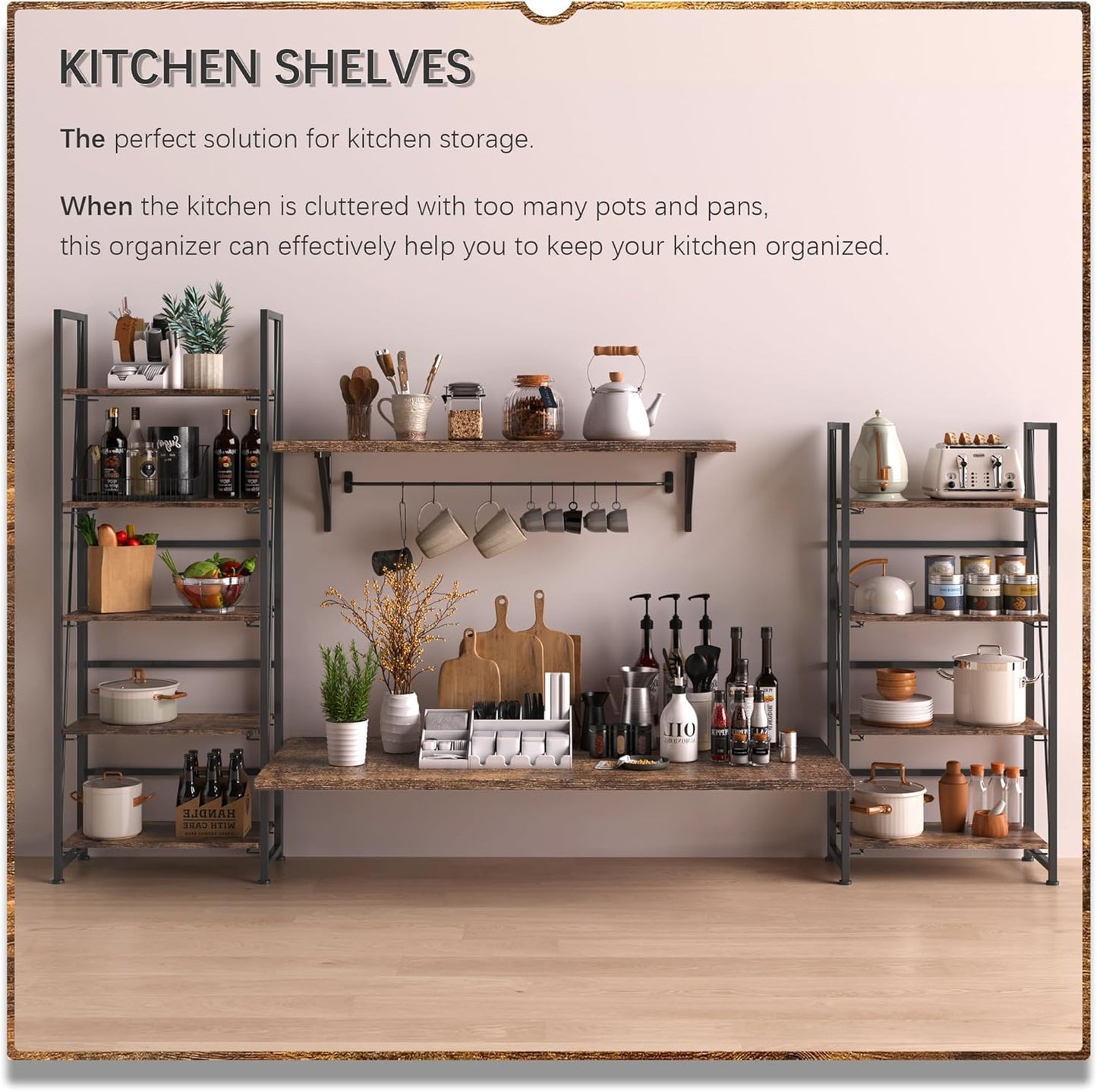 4NM No Assembly Folding Bookshelf, 5-Shelf 62.2" H Collapsible Foldable Bookcase Storage for Small Spaces, Rustic Brown and Black