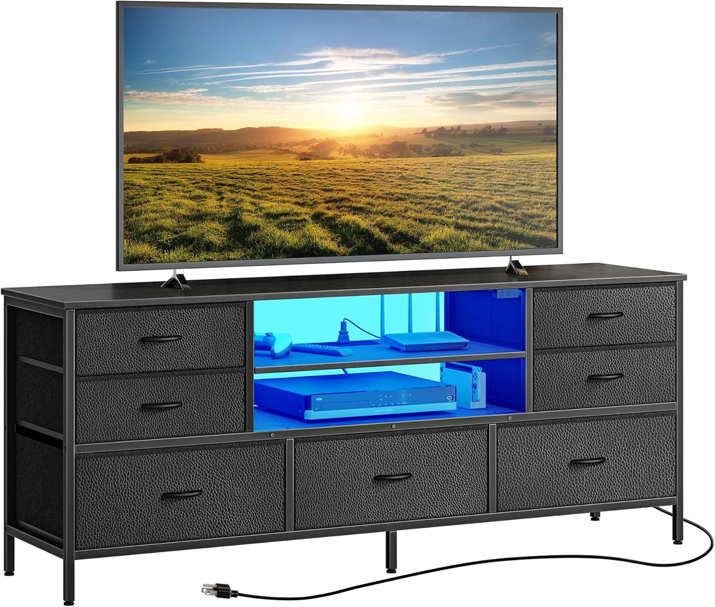 Huuger Dresser for Bedroom With Power Outlets and LED Lights, 7 Drawers TV Stand for 60 Inch TV, Console With Open Shelf, 55 Inches Wide Black, PU Leather
