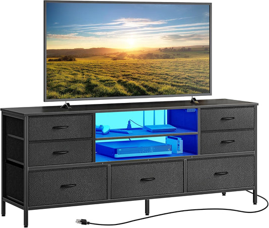 Huuger Dresser for Bedroom With Power Outlets and LED Lights, 7 Drawers TV Stand for 60 Inch TV, Console With Open Shelf, 55 Inches Wide Black, PU Leather