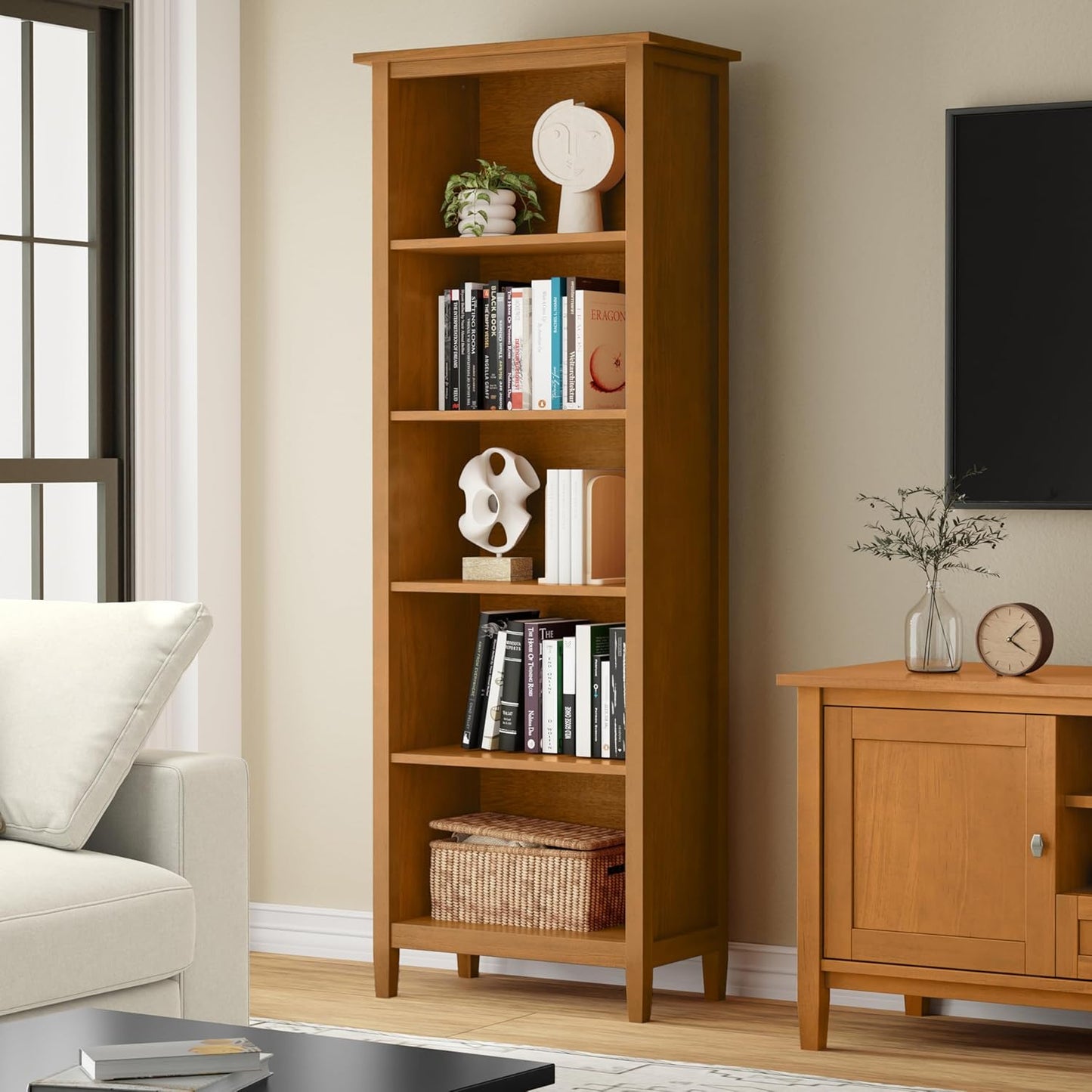 SIMPLIHOME Warm Shaker Bookcase - 72 inch Tall 5-Shelf Solid Wood Bookshelf in Light Golden Brown, Transitional Storage for Living Room, Study Room or Office with Adjustable Shelves and Tapered Legs