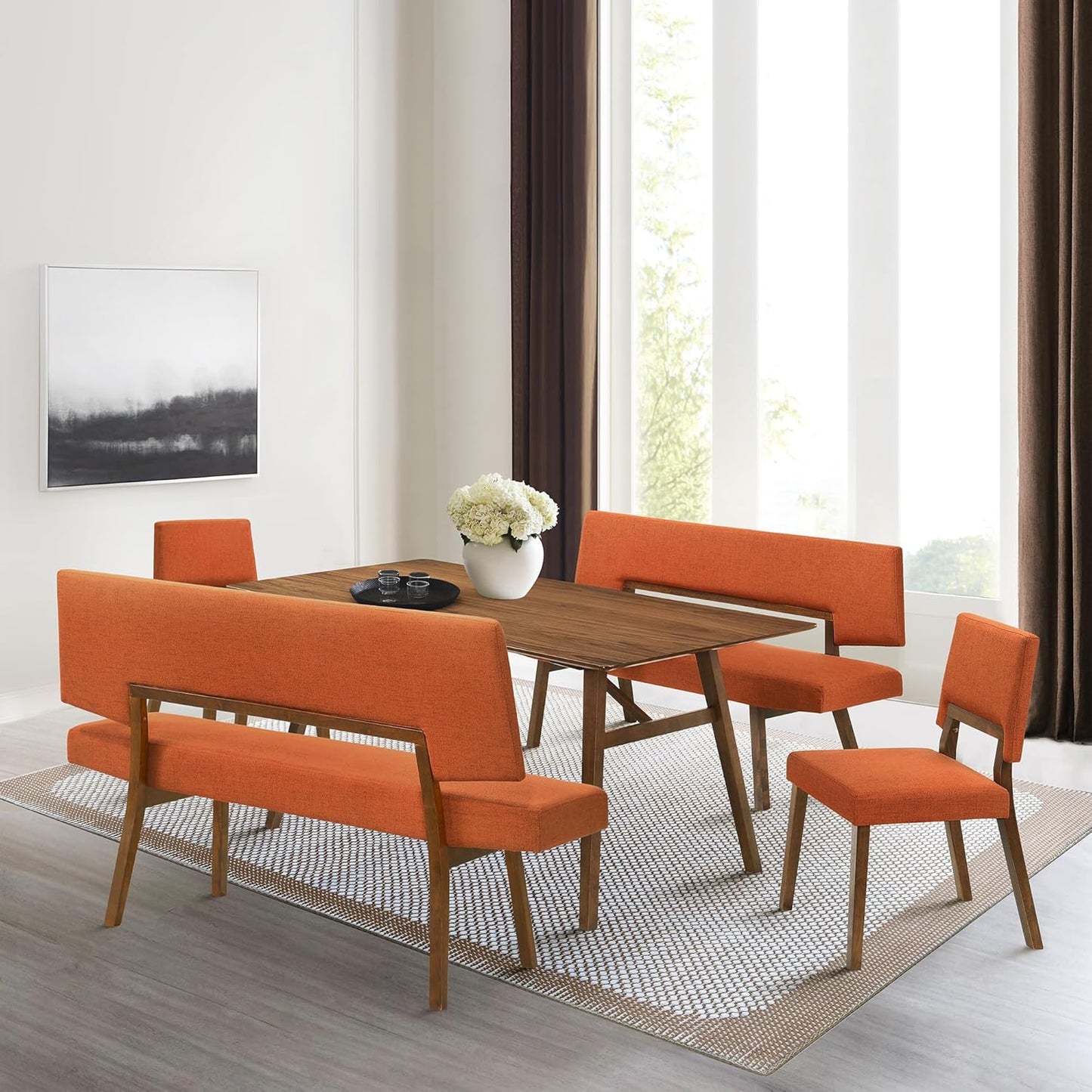 Armen Living Channell Mid Century Modern 5 Piece Walnut Wood Dining Table Set with Benches in Orange Fabric