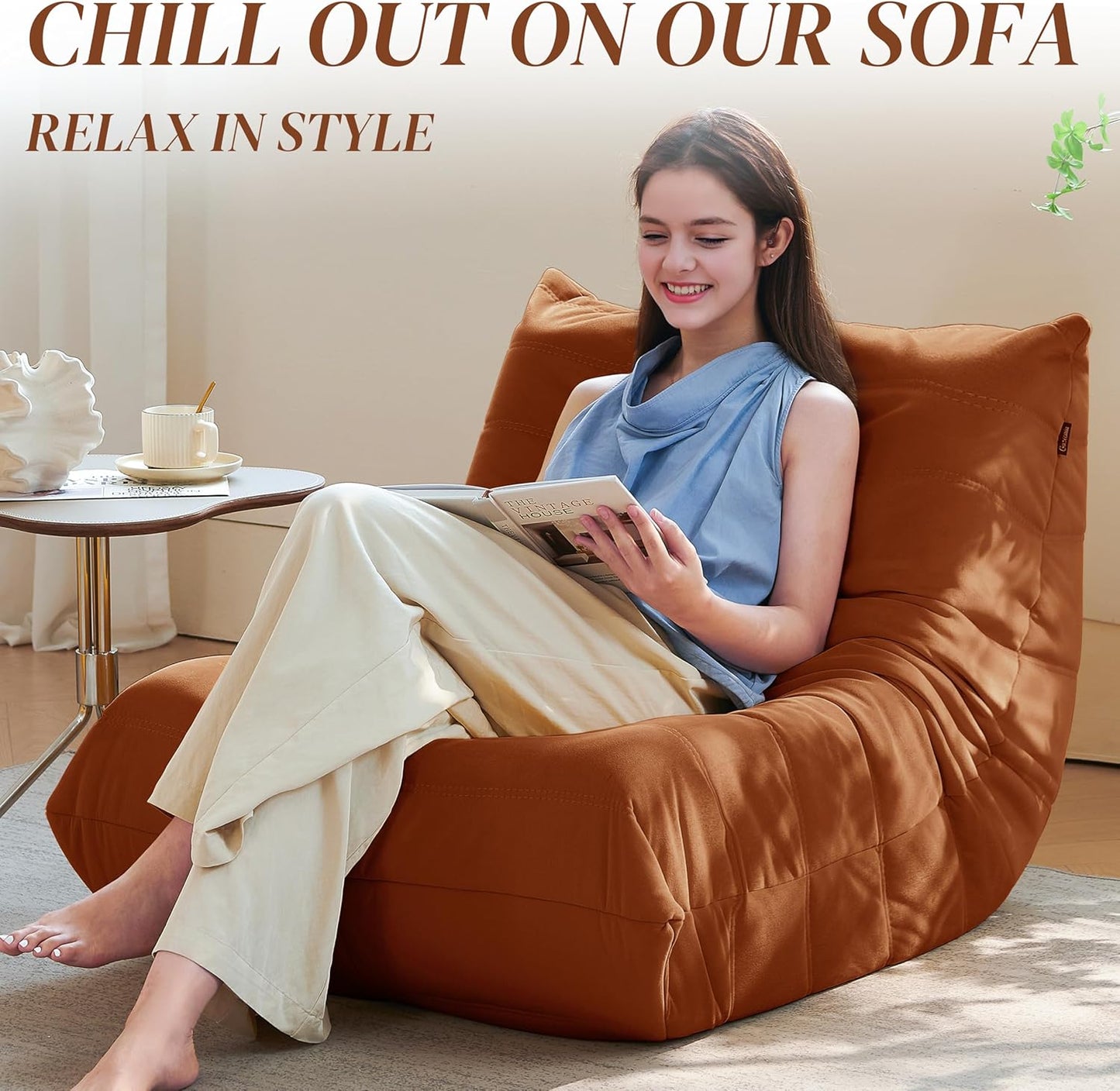 Bean Bag Chair, Fireside Chair Bean Bag Sofa for Adults, Bean Bag Chairs for Teens with High-Resilience Foam, Memory Foam & Non-Slip Base Bean Bag for Living Room, Bedroom, Office (Suede,Burnt Orange)