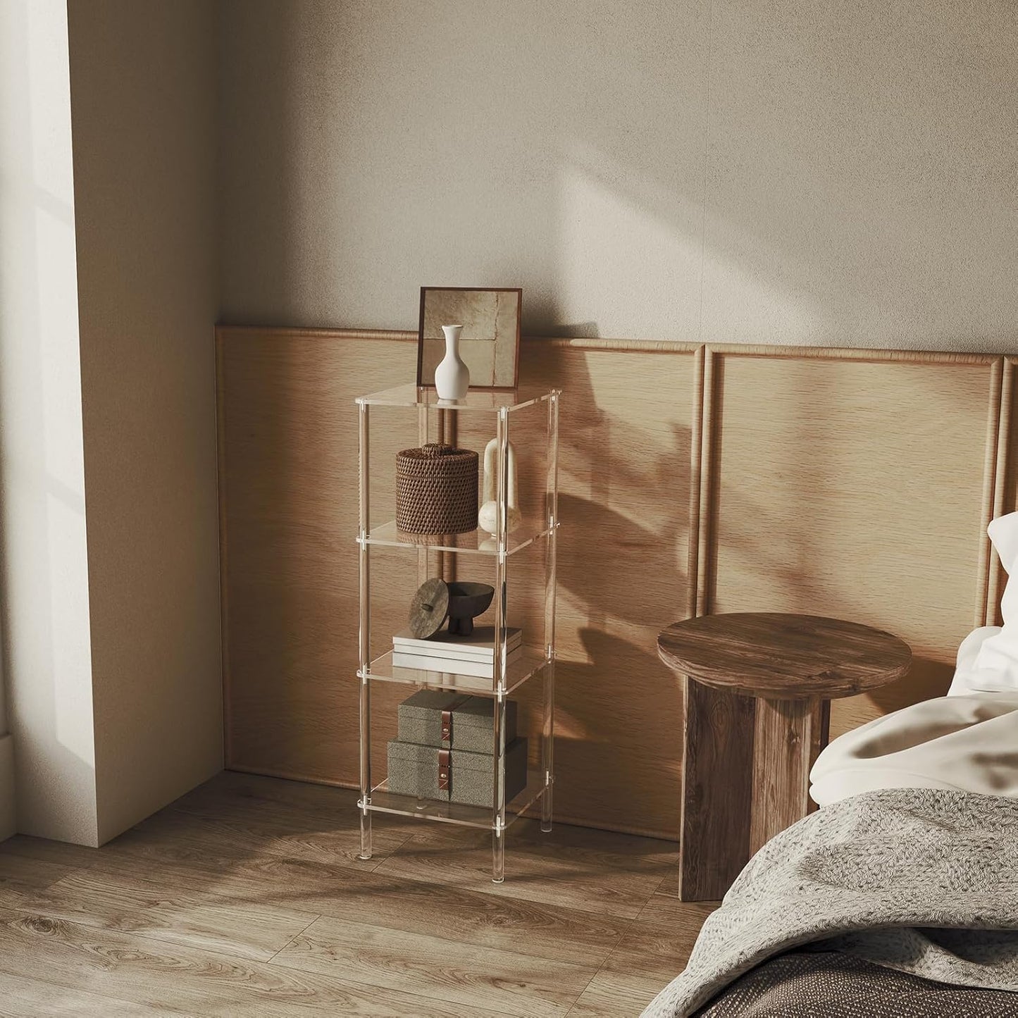 4 Tier Square Acrylic Bookshelf, Small Bookcase with Acrylic Fittings for Fixing to Wall, Corner Display Shelf for Living Room, Bedroom, Bathroom, Small Spaces, Clear, 11.6'' W x 34'' H