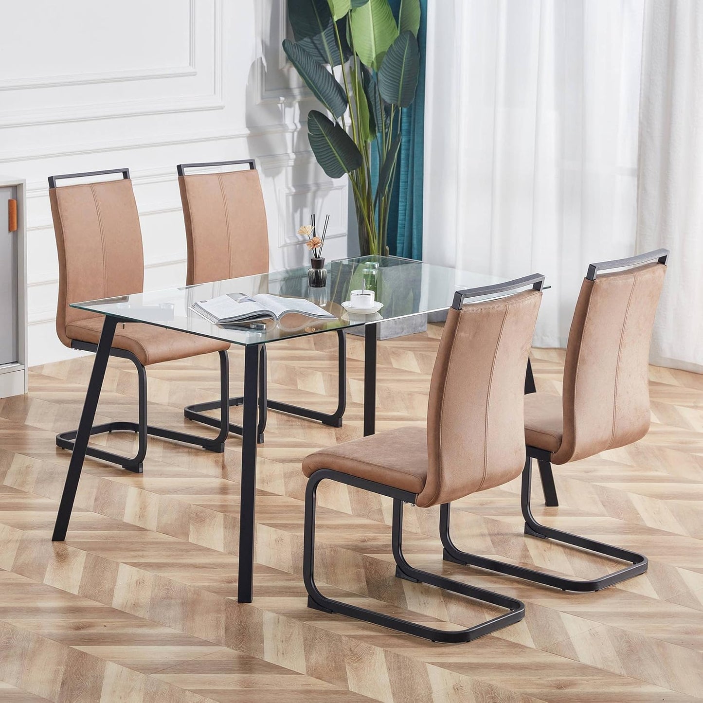 Dining Chairs Set, Kitchen Modern Metal Chairs with Faux Leather Padded Seat High Back and Sturdy Chrome Legs, Chairs for Dining Room (Brown, Set of 4)