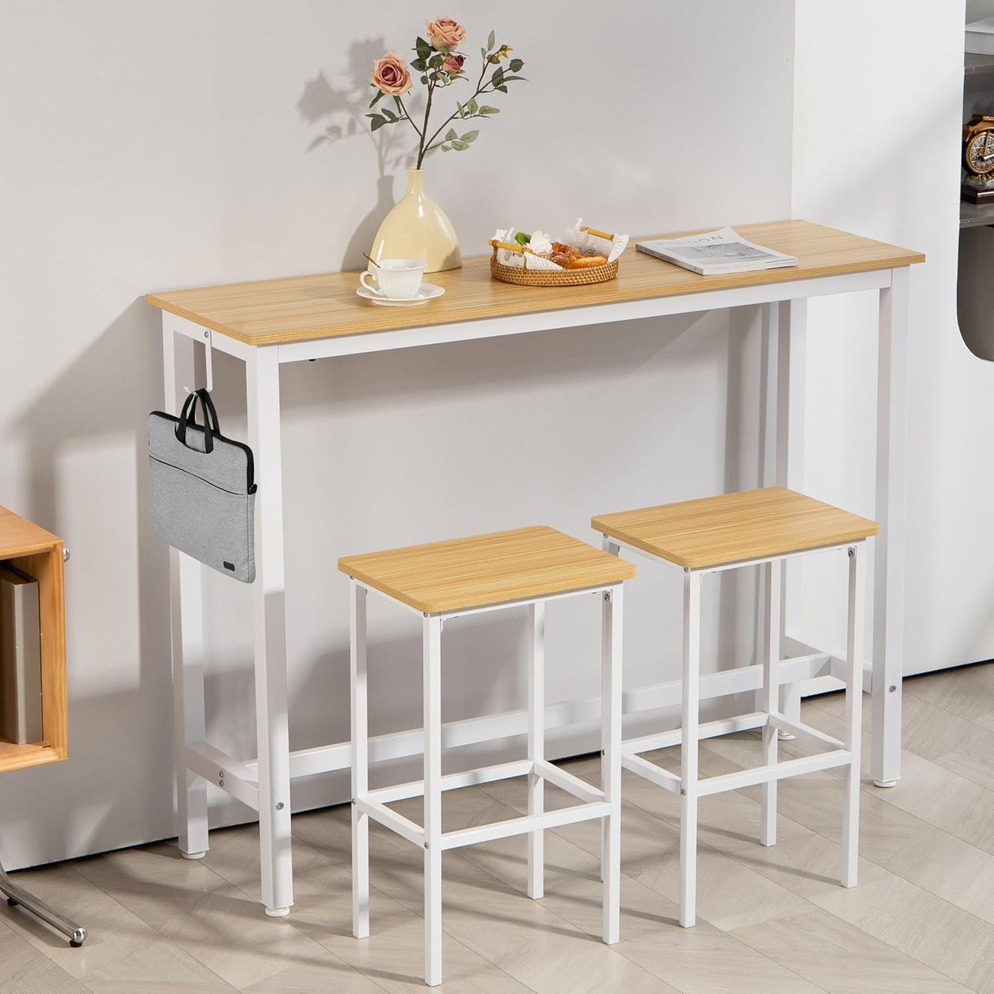 Finnhomy 52.7" Industrial Bar Table Set with 2 Stools - Counter Height Dining & Pub Table for Small Spaces, Kitchen, Apartment, Breakfast - Metal & Wood, Space-Saving Furniture - Oak Beige and White