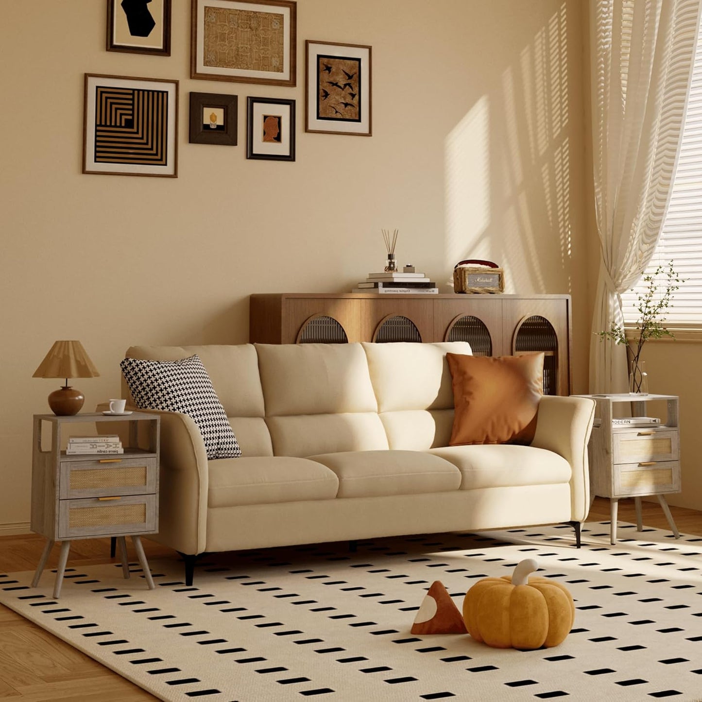 Rattan Nightstand,Farmhouse Bedside Table with 2 Storage Drawer and Open Wood Shelf, for Bedroom and Small Spaces,Night Stand with Solid Wood Legs (Grey Oak)