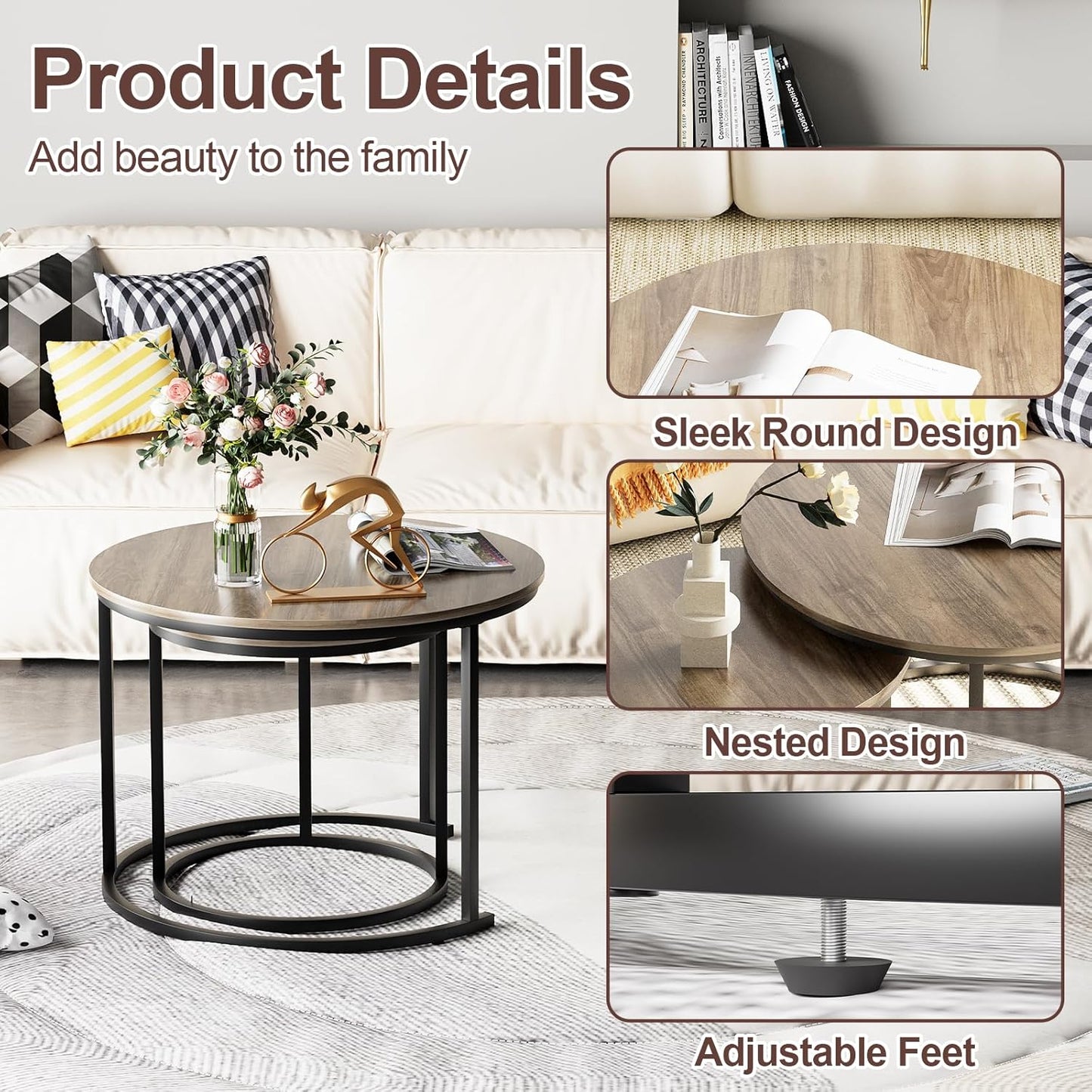 Garden 4 you Nesting Coffee Table, 23.6" Round Coffee Table Set of 2, Wooden Nesting Table Set with Metal Frame, Side Tables for Living Room Bedroom Balcony, Brown