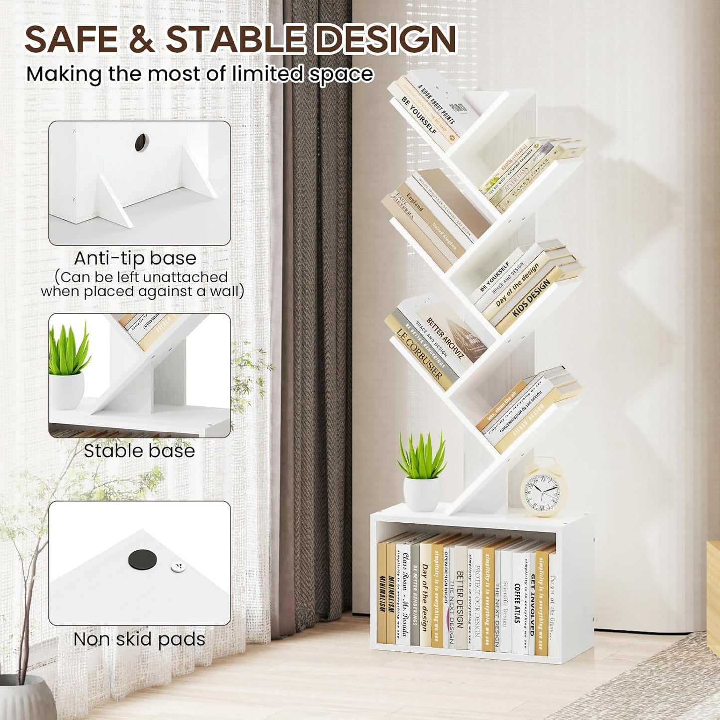 6 Tier Tree Bookshelf, Sturdy Retro Floor Standing Wood Bookcase, Storage Rack for Home Office, Living Room, Bedroom, Reading Spot, Heavy Book Organizer Shelves for CDs/DVDs/Movies, White