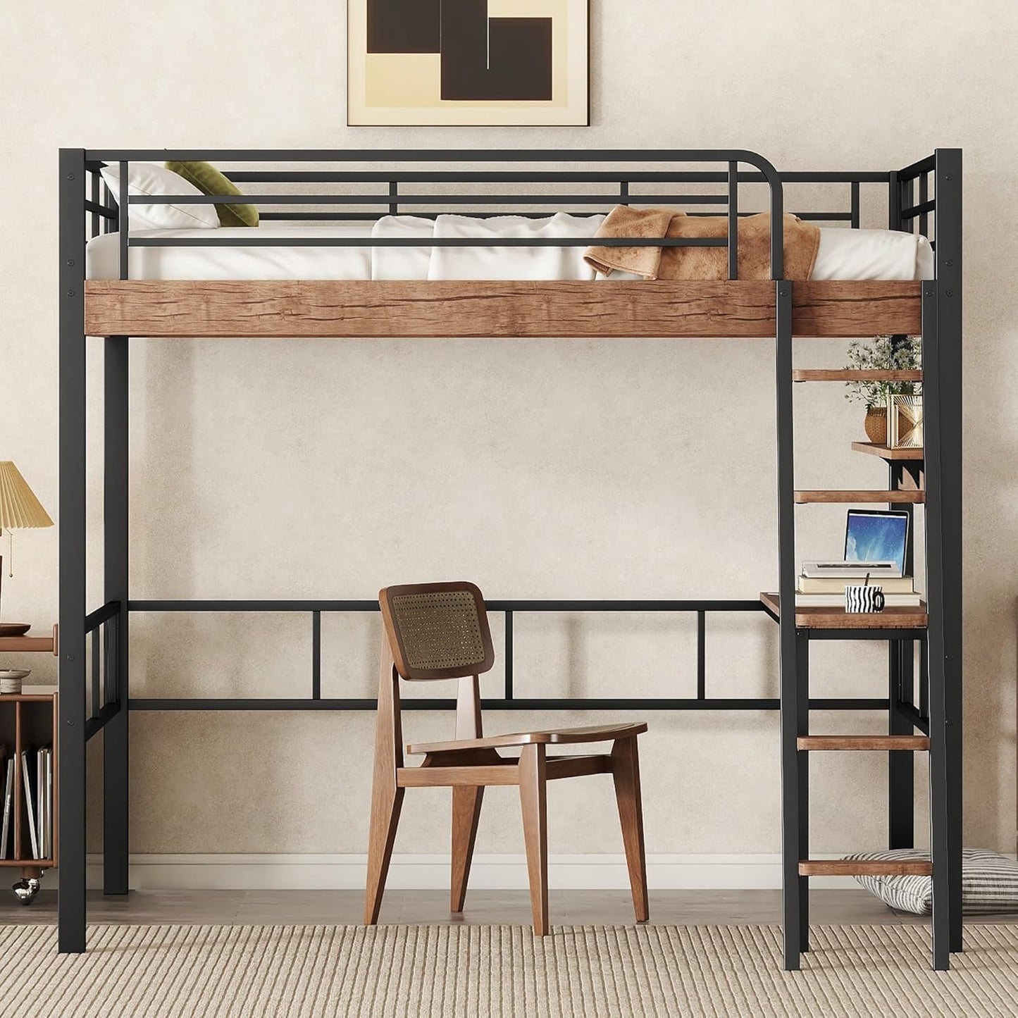 Metal Full Size Loft Bed with Built-in Desk,Storage Shelf and Ladder,Full-Length Guardrails and Secured Metal Slats, High LoftBed W/Large Storage Space for Kids Teens Adults Bedroom,Black