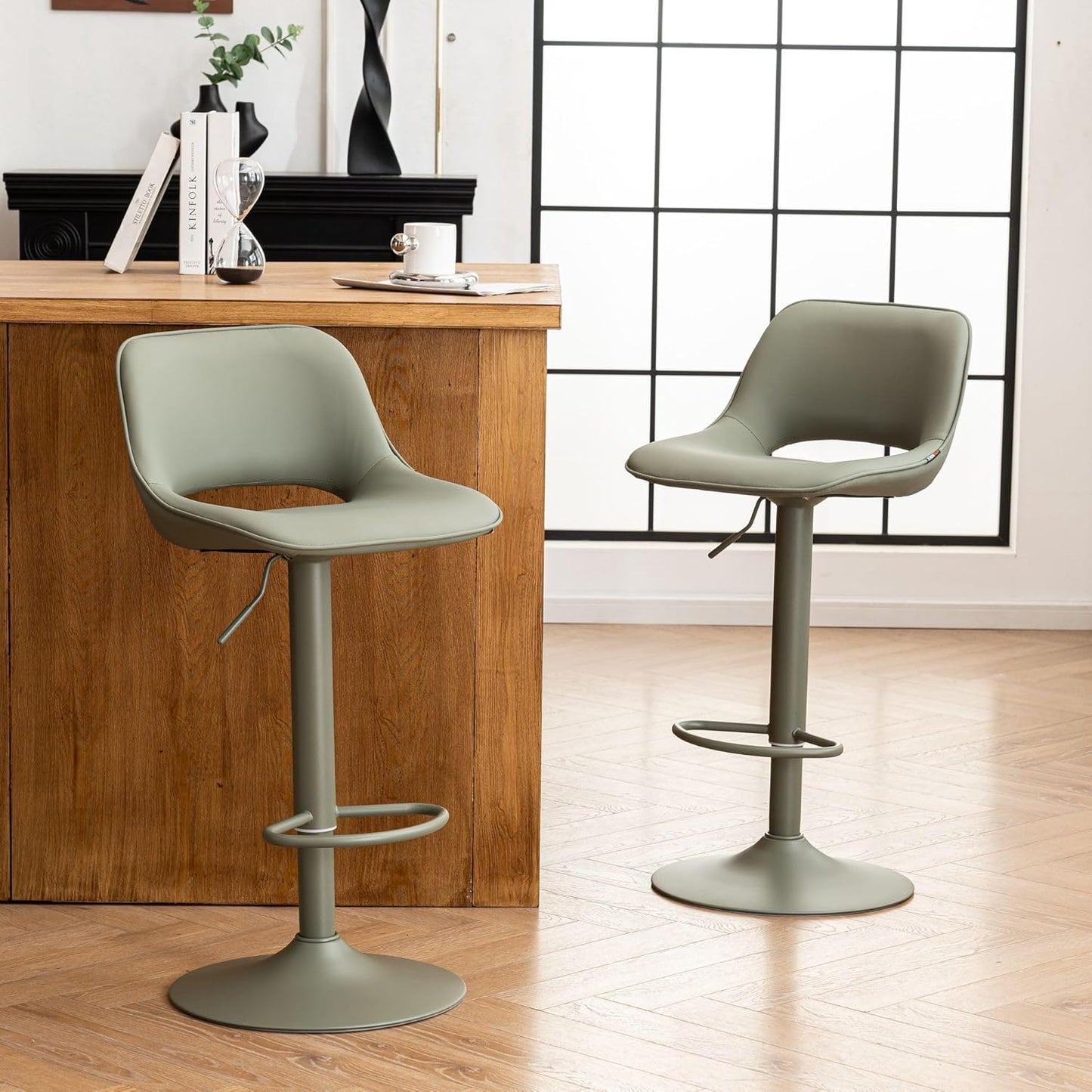 YOUNIKE Bar Stools Set of 2 Modern Swivel Barstools, Adjustable Counter Height Bar Stools Faux Leather Upholstered Counter Stools with Hollow Back for Kitchen Island, All Olive Green