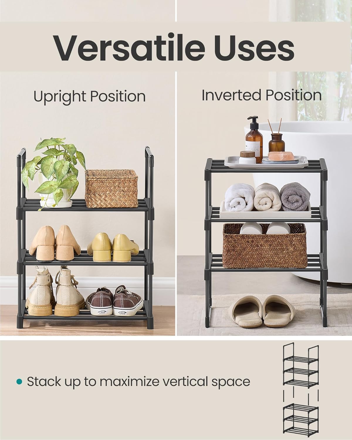 SONGMICS Shoe Rack, 3-Tier Shoe Organizer, Metal Storage Shelf, Upright or Upside Down, for 4-8 Pairs, Stackable, for Entryway, 11.8 x 16.7 x 21.5 Inches, Black ULSA003B01