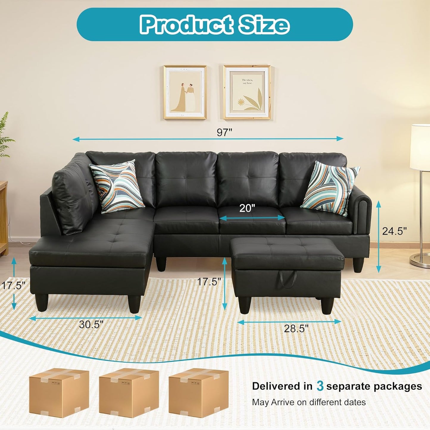 L Shaped Couch Faux Leather Sectional Couch Upholstered 3 Pieces Sofas for Living Room with Chaise, Storage Ottoman for Office and Small Apartment, Classic Black