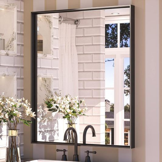 Keonjinn Black Bathroom Mirror 30 x 36 Inch, Metal Frame Black Mirror for Bathroom Sink, Rectangular Square Corner, Modern Farmhouse, Rectangle Vanity Mirror for Wall(Horizontal/Vertical)