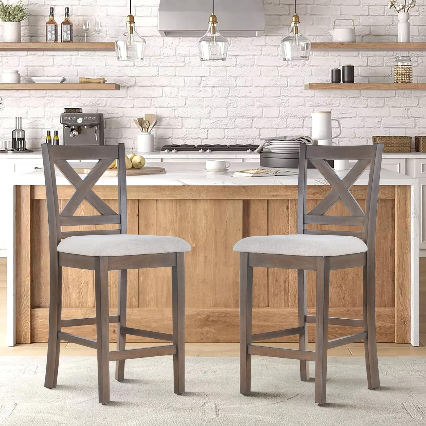 COLAMY Wooden Bar Stools Set of 2, Counter Height Bar Stools, Mid Century Modern Bar Stools with Backs, 25 Inch Upholstered Fabric Wooden Barstools for Kitchen Island Dining Room Bar, Light Brown Wash