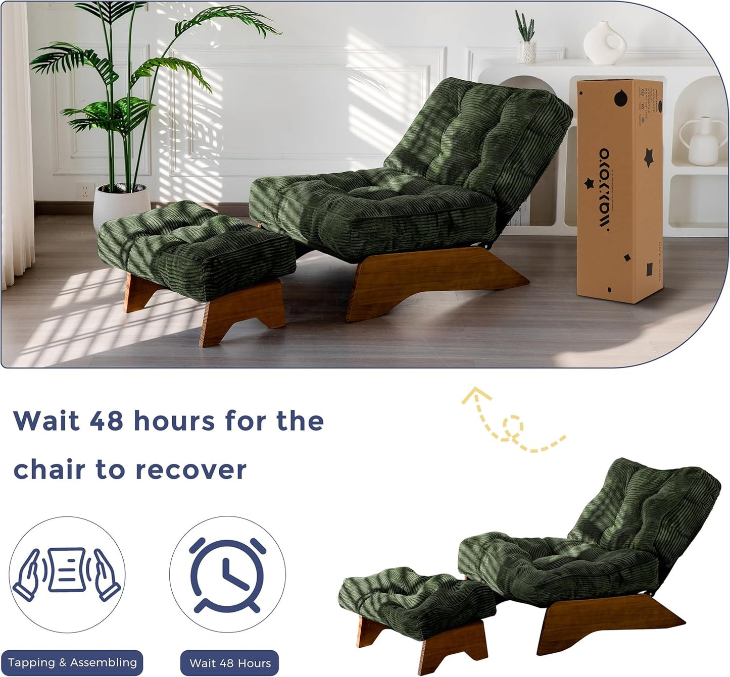 MAXYOYO Accent Chair with Ottoman Adjustable Backrest, Tufted Living Room Chair Upholstered Lounge Chair with Footrest Set, Modern Chair Cozy Reclining Chair for Reading Room, Green