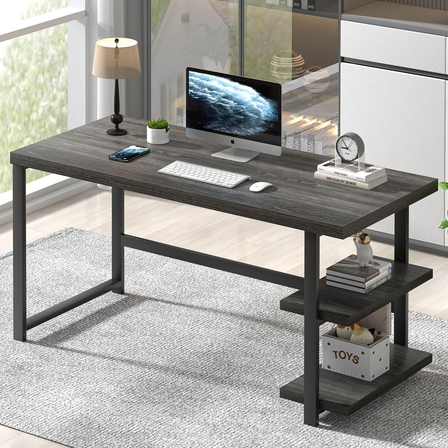 FOLUBAN Home Office Desk, Modern Computer Desk with Storage Shelf, Wood Study Writing Gaming Table for Bedroom Living Room, Industrial Dark Gray, 53 Inch
