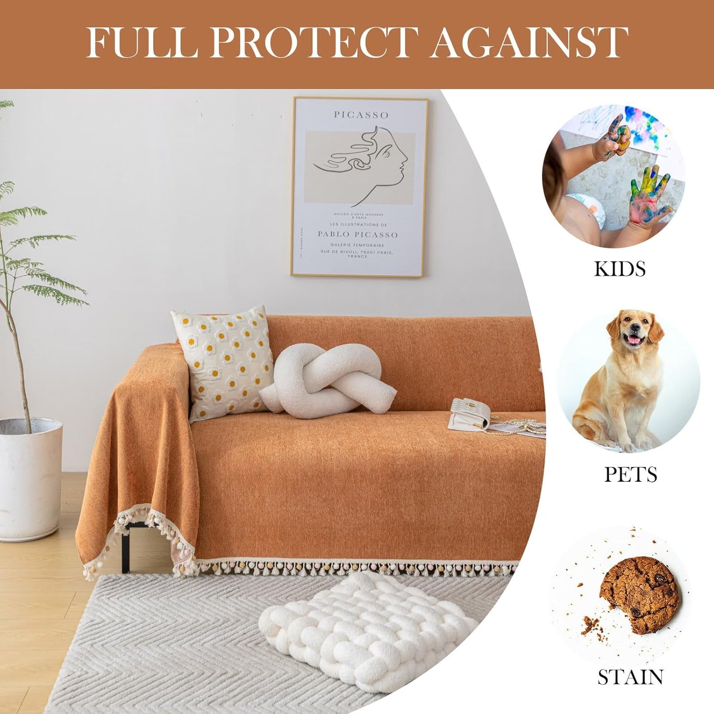 HANDONTIME Dark Orange Sofa Covers Couch Cover for Dogs Colorful Tassel Sofa Seat Cover Lovetseat Covers Pet Couch Cover Bohemian Sofa Cover for Couch Vintage Boho Couch Covers Futon Cover, 71" X118"