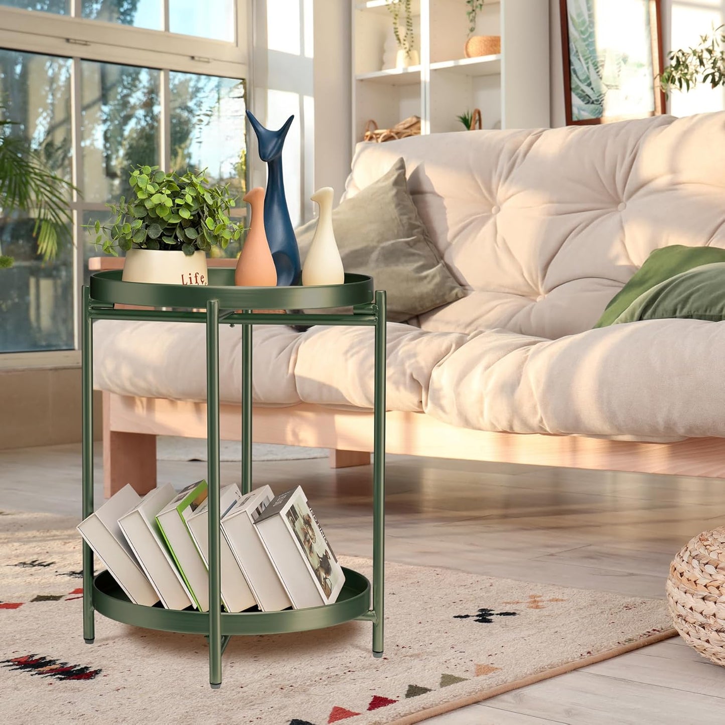 TeoKJ 2 Tier Green Side Table, Folding Round Metal End Table Small Nightstand with Two Removable Tray for Bedroom Living Room Bedside Small Spaces Dark Green