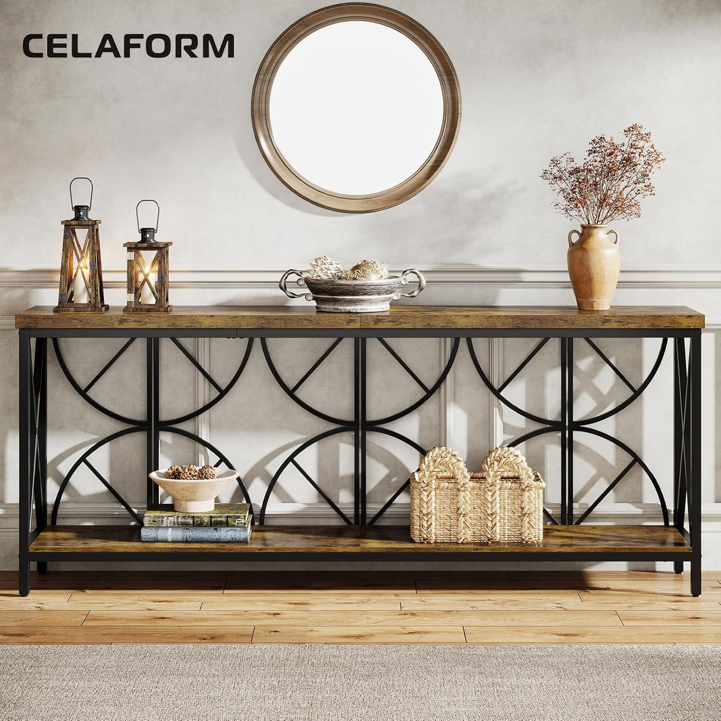 70.9-Inch Extra Long Sofa Table, Narrow Console Table Behind Couch with Storage for Entryway, Living Room, Entrance, Hallway, Foyer, Unique Geometric (Rustic Brown)