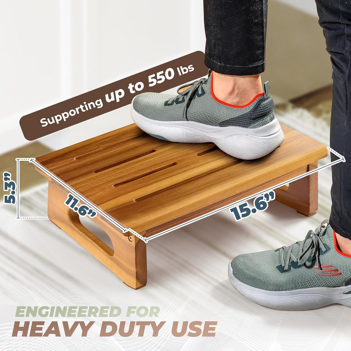 Wooden Step Stool, 5.3" One Step Stool for Adults with Handle, Durable & Portable Design Supports up to 550lbs for Bedroom, Kitchen, Bathroom or High Beds