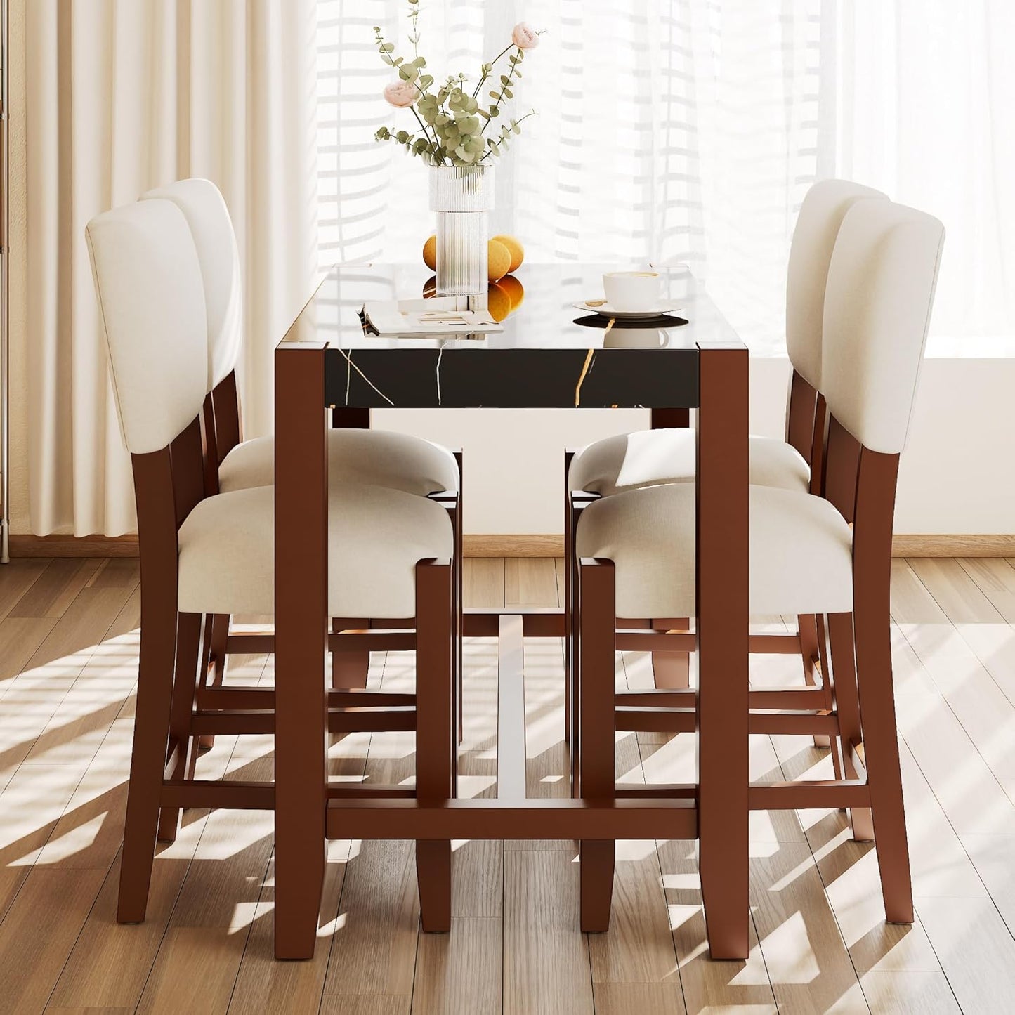 Ball & Cast 5-Piece Dining Table Set for 4,Kitchen Table Set W/Faux Marble Bar Table,Counter Height Living Room Furniture W/ 4 Upholstered Chairs,for Dining Room,Pub Kitchen,Small Place,Black+Beige