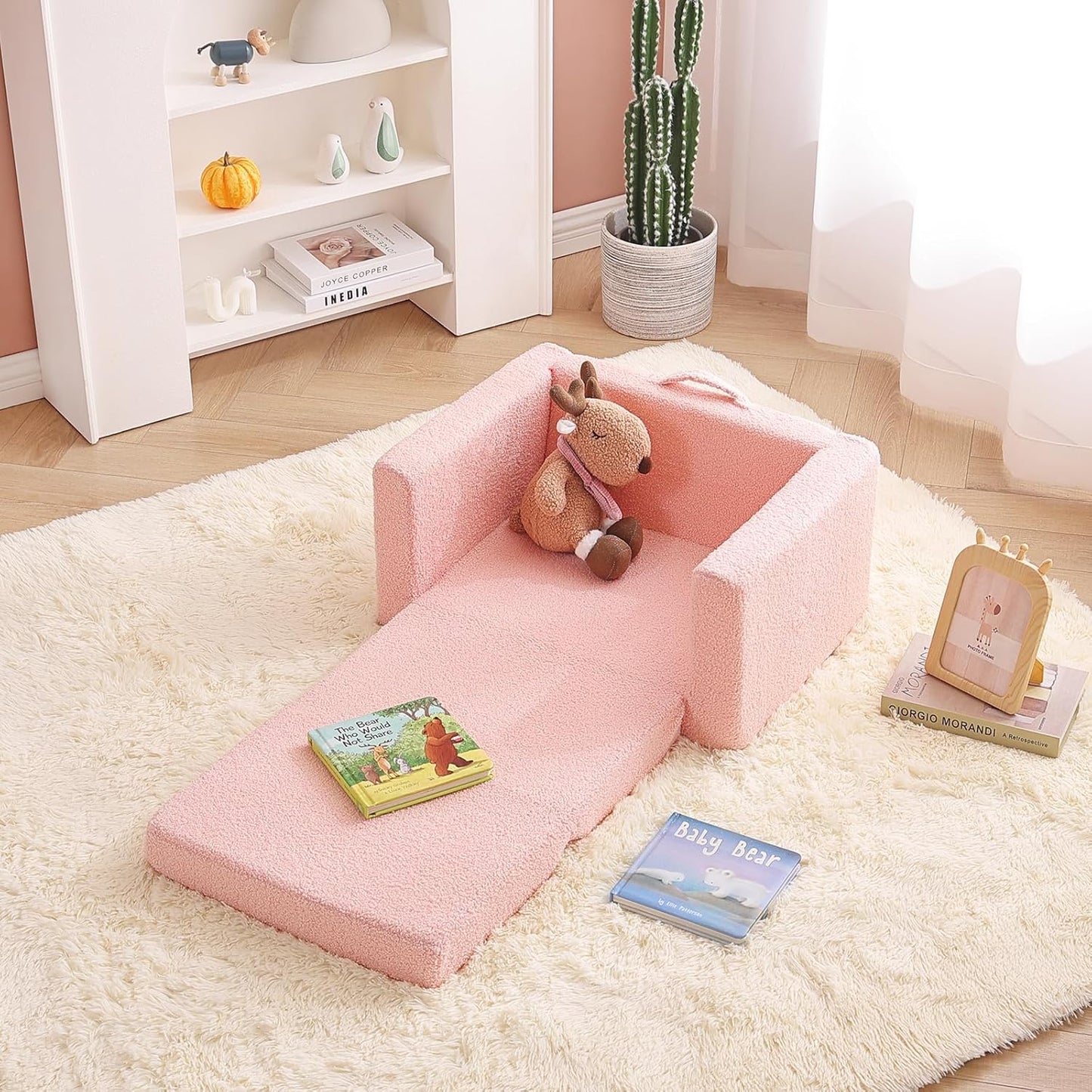 Tiita Kids Chair Couch, Folding Toddler Comfy Sofa Chairs, 2-in-1 Kids Plush Sofas Fold Out, Baby Armrest Chair Sofa to Lounger, Convertible Play Sofas to Bed for Girl or Boy, Pink