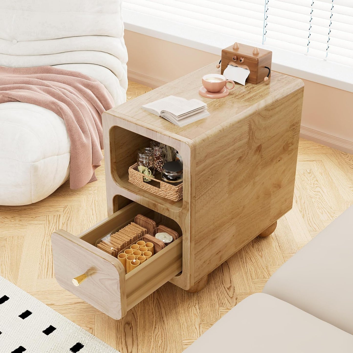 Solid Wood Night Stand, Narrow Nightstand with Drawers, Natural Mid Century Modern Nightstand, Small Beside Table with Open Storage Shelf for Bedroom (10 inch)